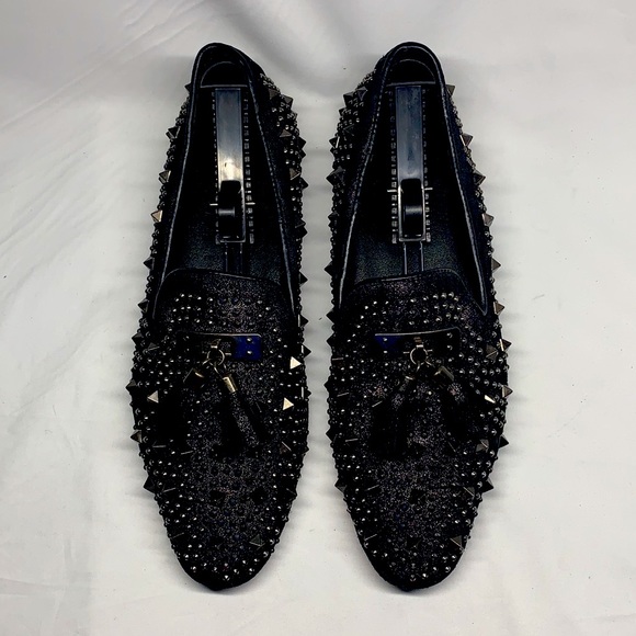 FIESSO Black Leather Loafers With Spike / Rhinestones Studs and Tassels - Picture 8 of 8